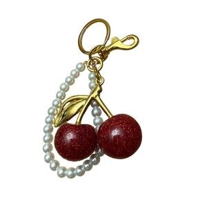 Dritz Cherry Keychain Purse Charm Red Glitter Beaded Loop Lobster Clasp